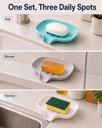 3 Pack Silicone Soap Dish with Drain, Bar Soap Holder for Shower/Bathroom, Self Draining Waterfall Soap Tray/Saver for Kitchen, Keep Soap Dry, Easy to Clean - color: White, Grey, Green