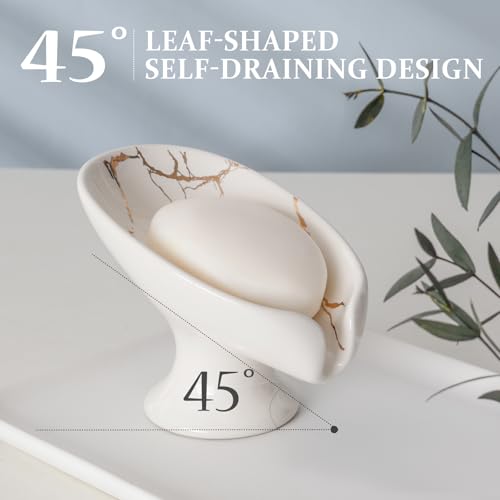 Soap Dish, Soap Holder Self Draining Leaf Shape Soap Dishes, Ceramic Drain Soap Dish for Sink Bathroom Shower Kitchen, Easy to Clean Keeps Soap Dry, Cream White & Gold Marble Pattern, ANTIS'S HOME - color: 1pcs-marble White