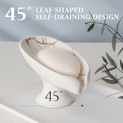 Soap Dish, Soap Holder Self Draining Leaf Shape Soap Dishes, Ceramic Drain Soap Dish for Sink Bathroom Shower Kitchen, Easy to Clean Keeps Soap Dry, Cream White & Gold Marble Pattern, ANTIS'S HOME - color: 1pcs-marble White