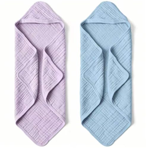 Muslin Hooded Baby Bath Towels - 2 Pack 100% Cotton Towel for Babies, Infants, Toddlers - 32x32Inch - Highly Absorbent and Newborn Essential (Purple Blue) - color: Purple Blue