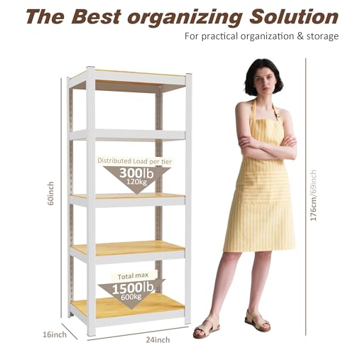5 Tier 24"W x 16"D x 60"H Storage Shelves White Metal Garage Shelving | Heavy Duty Shelves Organization Multipurpose Shelf Kitchen Garage Pantry Closet - size: 24" W x 16" D x 60" H