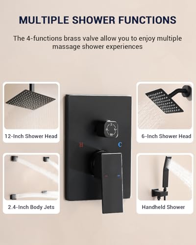 Dual Rainfall Shower Head System with 4 Body Jets, JetsBath Shower Faucet Set Double Shower Head 6-Inch Shower Head & 12” Rain Shower, Luxury Matte Black Shower Faucet Set,Wall-Mounted Shower System - color: Matte Black