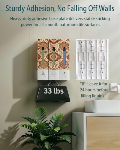 Boho Shampoo and Conditioner Dispenser 3 Chamber Wall Mount Shower Set No Drill Wall Mounted, ABS Plastic Refillable Body Wash & Soap Dispenser Set, Bathroom Shower Organizer, Bohemian Decor
