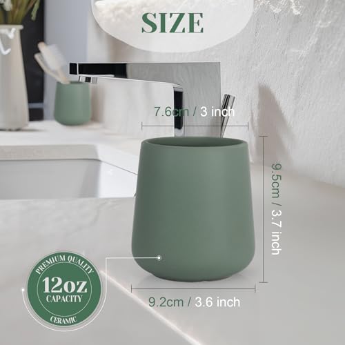 INGOFIN Ceramic Toothbrush Holder for Bathroom, Green Toothpaste Cup | 12oz Toothbrush and Toothpaste Holder for Bathroom Vanity and Countertop, for Cosmetic, Makeup Brush and Office Pencils - color: Matte Green