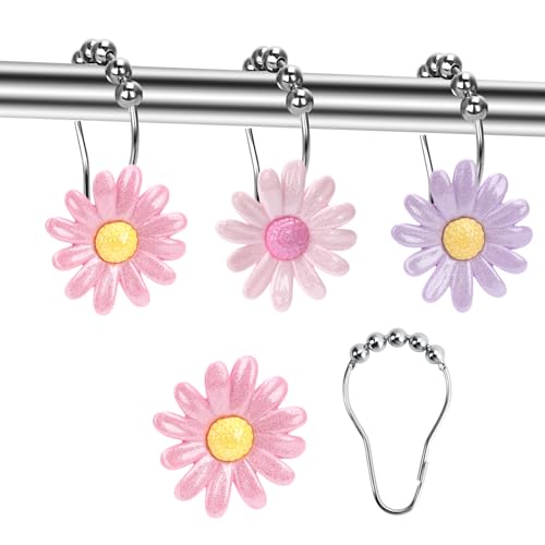 Daisy Flower Decorative Shower Curtain Hooks, Set of 12, Pink and Purple,Roller Ball, Stainless Steel, Flower Decor,Rustproof,Easy Install,Home Living & Bathroom Decor,Shower Rings
