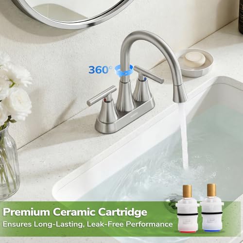 Centerset Bathroom Faucet with Pull Out Sprayer, 4 Inch 2 Handle Sink Faucet with Pop Up Drain, Stainless Steel Vanity Faucet with 2 Supply Hoses, Brushed Nickel - color: Brushed Nickel, size: 4 IN