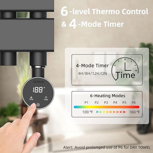 P&Dlusir M205 Electric Towel Warmer, Black, H39.76 x W19.69 | Heated Towel Rack, No Preheat, Fast Dry, Precise Timer, Plug-in/Hardwired - color: Black, size: 39.76"H x 19.69"L