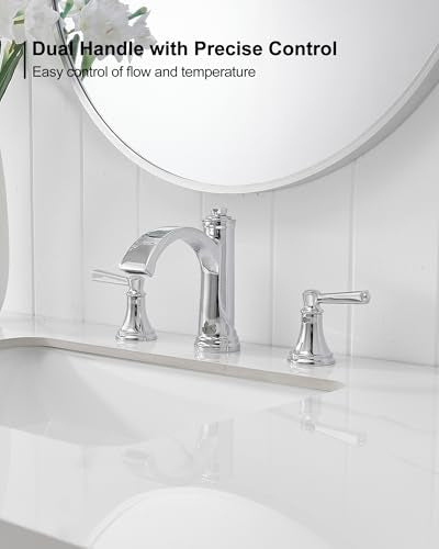 Waterfall Chrome Bathroom Faucet 3 Hole, Brass 4-16 Inch Widespread Bathroom Sink Faucet with Pop Up Drain, cUPC Supply Lines and 2 Handles for Vanity, Restroom, 10 Min Install - color: Chrome