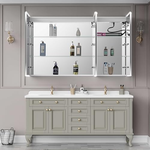 Recessed Medicine Cabinet with Mirror 60"x36" Medicine Cabinet Mirror | Lighted Medicine Cabinet, Bathroom Medicine Cabinet with Mirror, Adjustable Shelves, Defogger, Outlets, USB, Dimmable - size: 60x36 Inch-Recessed