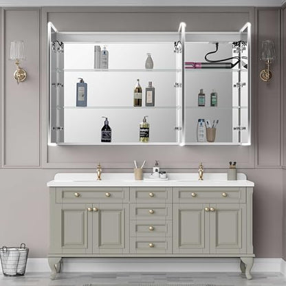 Recessed Medicine Cabinet with Mirror 60"x36" Medicine Cabinet Mirror | Lighted Medicine Cabinet, Bathroom Medicine Cabinet with Mirror, Adjustable Shelves, Defogger, Outlets, USB, Dimmable - size: 60x36 Inch-Recessed