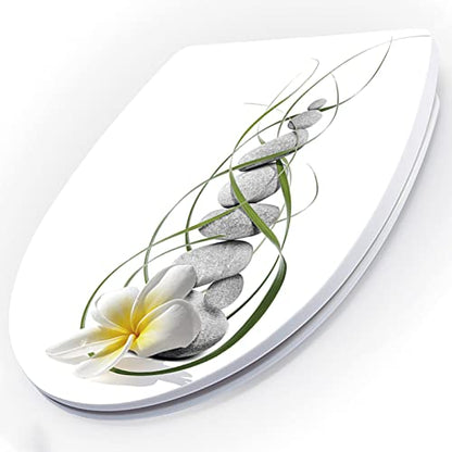 White Plastic Quick Release Toilet Seat - Oval Shape, Top Fixing with Adjustable Hinges, Easy Clean, Seagull and Starfish Design - One Size - color: Stone and Grass