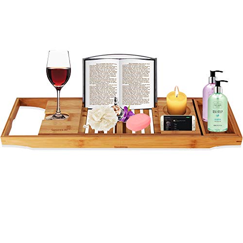 Adjustable Bamboo Bathtub Caddy Tray - Natural Wood Luxury Bath Tub Organizer w/Wine Holder, Soap Dish, Cup Slot, Book Tablet Holder, and Phone Slot for Spa, Bathroom, Shower - SereneLife