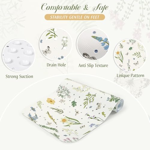 SHUCHING Bath Mat for Tub Non Slip-40x16 Inch, Flower and Leaf | Bathtub Mat for Women Mold Free, Long Shower Mat for Inside Shower with Suction Cup, Machine Washable - color: Green Leaf
