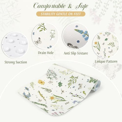 SHUCHING Bath Mat for Tub Non Slip-40x16 Inch, Flower and Leaf | Bathtub Mat for Women Mold Free, Long Shower Mat for Inside Shower with Suction Cup, Machine Washable - color: Green Leaf
