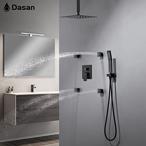 Matte Black Shower System with 4 PCS Shower Body Spray Jets & 12’’ Ceiling Shower Head & Handheld Spray, DASAN Full Body Shower Faucet System with Jets Rainfall Shower Combo Set, SA-SS03BMB-S12C - color: Matte Black