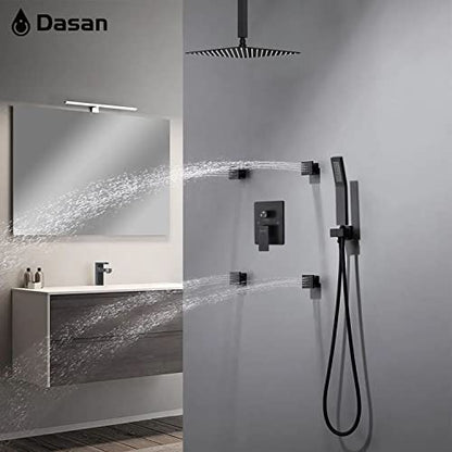 Matte Black Shower System with 4 PCS Shower Body Spray Jets & 12’’ Ceiling Shower Head & Handheld Spray, DASAN Full Body Shower Faucet System with Jets Rainfall Shower Combo Set, SA-SS03BMB-S12C - color: Matte Black