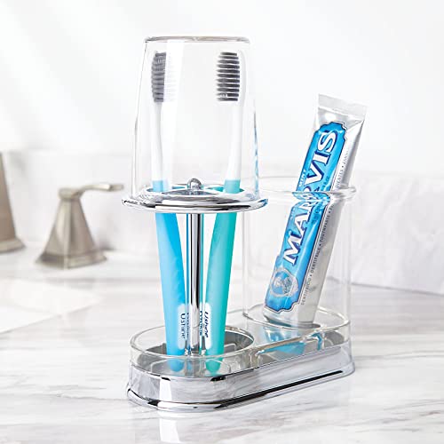 mDesign Plastic Toothpaste and Toothbrush Holder Center with Cup/Cover - Organizer for Bathroom Vanity Countertop - Holds Paste, Floss, Accessories - Hyde Collection - Clear - color: Clear