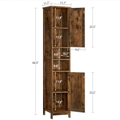 67" Tall Bathroom Cabinet with 2 Adjustable Shelves and 2 Doors, Narrow Bathroom Storage Cabinet for Small Space, Living Room, Entryway, Kitchen, Rustic Brown - color: Brown