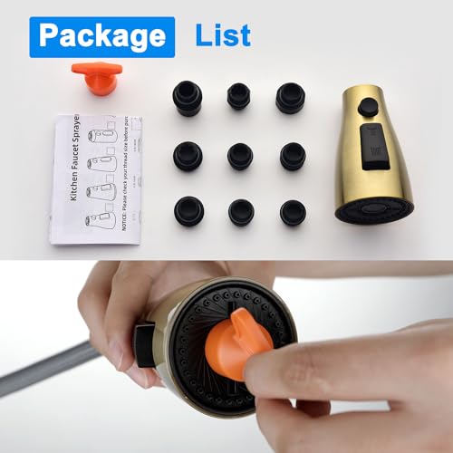 [Upgraded] GORDEE Kitchen Faucet Sprayer Head Replacement, 3-Function(Stream/Spray/Blade) Sprayer Spout Nozzle w/Check Valve, 1.8 GPM, 9 Adapters to Fit Most Standards of Faucets, Brushed Gold - color: N2 New 3-function Brushed Gold