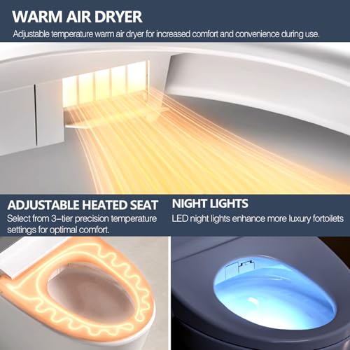 Bidet Toilet Seat with Warm Water Wash, Air Dryer, Heated Seat, Remote Control, LED Display, Self-Cleaning Nozzle, Night Light & Multiple Cleaning Modes (Round)