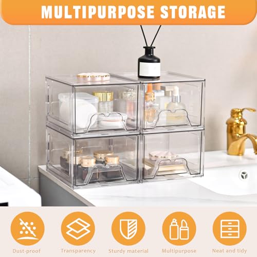 Stebopum 8 Pack Stackable Makeup Organizer, 4.4'' Tall Acrylic Bathroom Makeup Organizer and Storage Drawer with Pull-out Handle, Clear Plastic Storage Bins for Vanity,Pantry,Desk,Undersink,Kitchen - style: 8pack Small