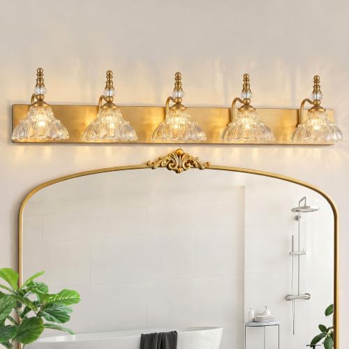 Vintage Bathroom Vanity Light, 5-Light Brass Vanity Lighting Fixture with Flower Glass Shade, Bathroom Lighting Fixtures Over Mirror - color: B-Brass, size: 5-light