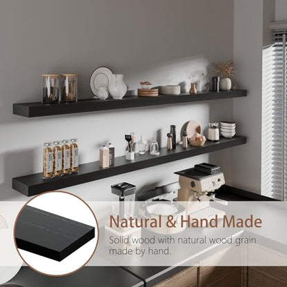 72 inch Long Floating Shelves for Wall,Solid Wood Long Wall Shelves Set of 2,Black Wooden Mounted Shelf,Bookshelf Bathroom Shelves (Black, 72 Inch) - color: Black, size: 72 Inch set of 2