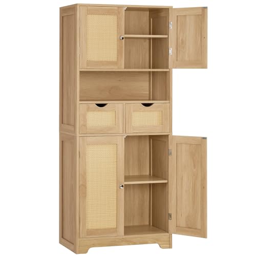 Iwell Tall Storage Cabinet with 2 Drawers & Adjustable Shelves, Rattan Cabinet, Kitchen Storage Cabinet, Pantry Cabinet with 4 Doors, Tall Cabinet for Living Room, Kitchen, Home Office, Natural - color: Natural-4 Shelves, size: 11.8"D