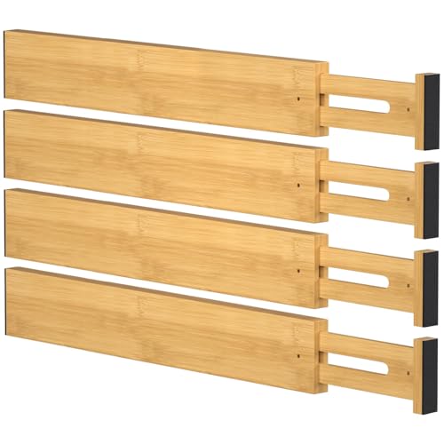 FUSHITON Bamboo Drawer Dividers 17"-22" Adjustable Expandable Drawer Organizers Spring Loaded Drawer Separators for Kitchen Dresser Bathroom Bedroom Office Storage, 4 Pack