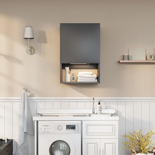 Wall Mounted Storage Cabinet with LED Light, Bathroom Over Toilet Organizer | Black Waterproof Cabinets With Adjustable Shelves, Soft Close, For Bathroom Kitchen Medicine Small Spaces, Easy to Assemble - color: Black