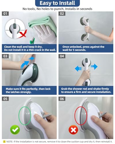 Shower Grab Bars for Seniors Bathroom Suction Cup 11.28 Inch Easy to Install Shower Handles for Removable Handrails for Seniors Elderly Heavy Duty Safety Grip Waterproof Drill Free Waterproof