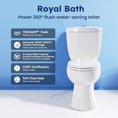 RoyalBath Elongated Two piece Toilet for Bathrooms, 12" Rough In | 17.3" ADA Height, Nano Self-Cleaning, WaterSense/MAP/CUPC Certified, 0.93/1.27 GPF 360° TSUNAMI Flush, Soft-Close Seat - size: 0.93/1.28 GPF Dual Flush