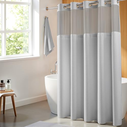 River Dream Gray Cotton Blend Fabric Shower Curtain Set with Liner, 71x74 | Waffle Weave, No Hook Needed, with Snap in Replacement Liner, Top Sheer Window, Hotel Quality Fabric for Bathroom - color: Lake Wanaka, size: 71"W x 74"L (Pack of 1)