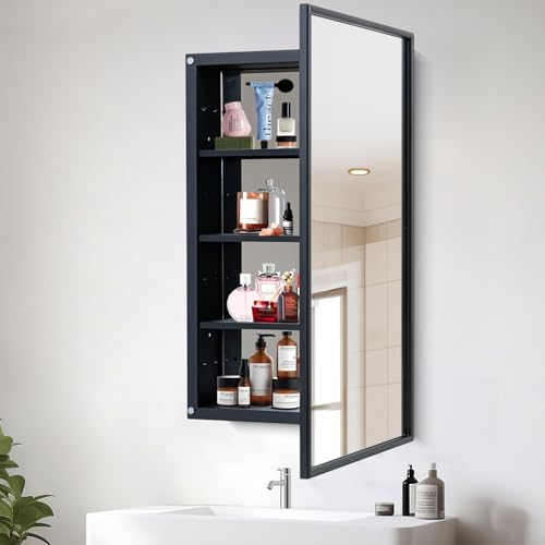 Black Bathroom Medicine Cabinet with Mirror Squared Rectangle Metal Frame Recessed Or Wall Mounted Single Door Storage Medicine Cabinets with 3 Adjustable Shelves (Black, 20 * 30'') - color: Matt Black, size: 20x30''
