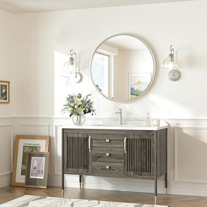 24 Inch Circle Bathroom Mirror Brushed Nickel, Tempered Round Wall Mirror, Shatterproof 24x24 Hanging Wall Mirrored Farmhouse for Bedroom, Entryway, Restroom, Vanity, Living Room - size: 24"L x 24"W