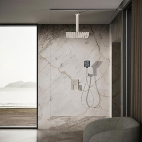 Rain Shower System 12IN Modern Brass Faucet Set With Valve and Diverter Shower Mixer With Handheld High Pressure Square Rainfall Shower Valve (12'' Ceiling Mount, Brushed Nickel) - color: Brushed Nickel, style: 12'' Ceiling Mount