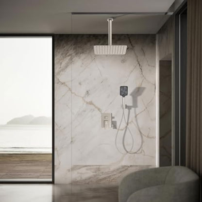 Rain Shower System 12IN Modern Brass Faucet Set With Valve and Diverter Shower Mixer With Handheld High Pressure Square Rainfall Shower Valve (12'' Ceiling Mount, Brushed Nickel) - color: Brushed Nickel, style: 12'' Ceiling Mount