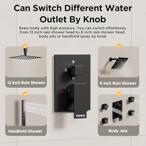 Shower System with Body Jets Matte Black, STARBATH 4 Way 12+6" Shower Faucet Sets Complete with 2 in 1 Handheld,Ceiling Mounted Rainfall Dual Shower Head with 4 Body Spray Jets, Shower Jets System - color: Matte Black, size: 6"+12"-03