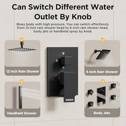 Shower System with Body Jets Matte Black, STARBATH 4 Way 12+6" Shower Faucet Sets Complete with 2 in 1 Handheld,Ceiling Mounted Rainfall Dual Shower Head with 4 Body Spray Jets, Shower Jets System - color: Matte Black, size: 6"+12"-03