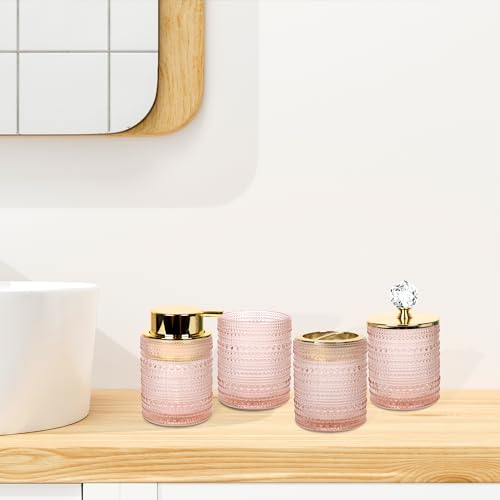 FEILANDUO Bathroom Accessories Set,4Pcs Glass Bathroom Accessories,Vanity Bathroom Decor, Soap Dispenser, Toothbrush Holder Set, Apothecary Jar, Gift for Home Apartment (Pink)