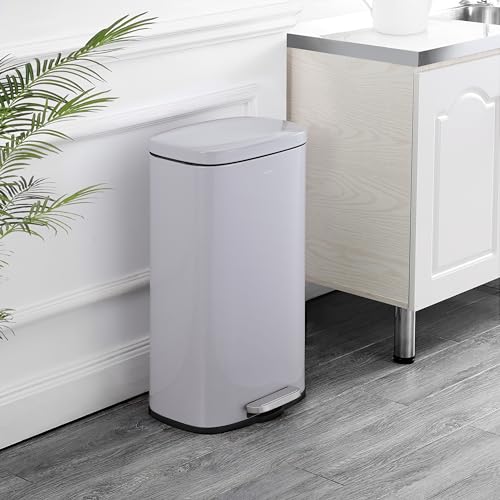 happimess Curtis 8 Gal Step Trash Can Soft Close 25", Gloss Gray | Iron Construction, Satin Finish, Removable Liner, Steel Pedal, 20 Trash Bags Included, Kitchen Office Bin - color: Fog Gray