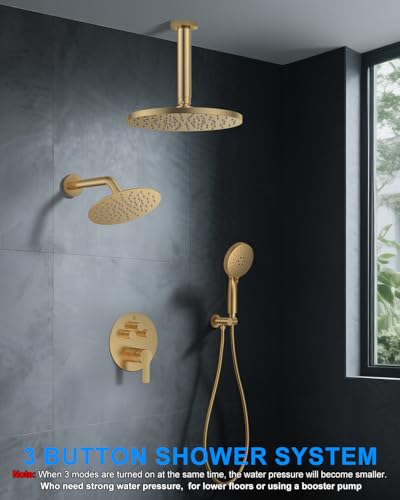 Shower System with Pressure Balance Valve, 10" Ceiling Mount Shower Faucet Set with 2 Rain Shower Head And Multi-function Handheld Head Push Button Diverter Pressure Balancing Valve Kit, Brushed Gold - color: Brushed Gold, style: 10"-Round