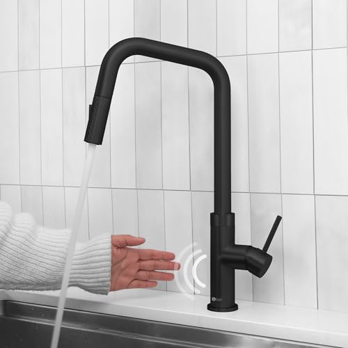 Stylish Touchless Kitchen Faucet with Pull Down Sprayer Single Lever Handle Dual Function Stainless Steel Kitchen Sink Faucet with Ceramic Cartridge and Aerator Matte Black Finish, K-150NM - color: Matte Black