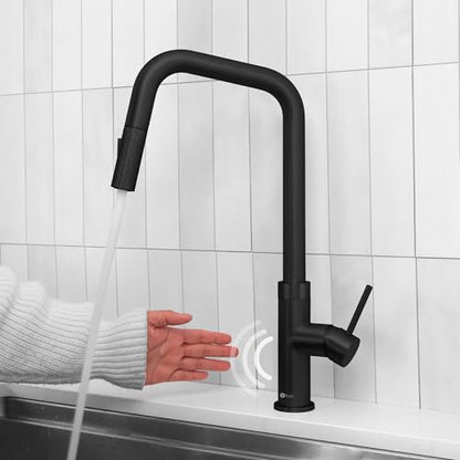 Stylish Touchless Kitchen Faucet with Pull Down Sprayer Single Lever Handle Dual Function Stainless Steel Kitchen Sink Faucet with Ceramic Cartridge and Aerator Matte Black Finish, K-150NM - color: Matte Black