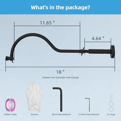 Hibbent All Metal Upgraded 18'' Shower Head Extension Arm, Matte Black | Shower Arm with Flange, Brass Flexible Height & Angle Adjustable Shower Extender with Lock Joint, Universal Connection - color: Matte Black