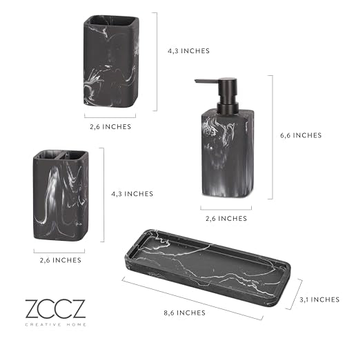 Bathroom Accessory Sets, 4 Pieces Bathroom Accessories Complete Set Vanity Countertop Accessory Set, Includes Lotion Dispenser Soap Pump, Tumbler, Toothbrush Holder and Tray (Black Marble Look) - color: Black Marble Look