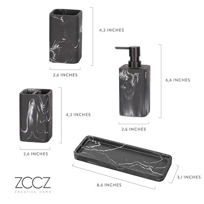 Bathroom Accessory Sets, 4 Pieces Bathroom Accessories Complete Set Vanity Countertop Accessory Set, Includes Lotion Dispenser Soap Pump, Tumbler, Toothbrush Holder and Tray (Black Marble Look) - color: Black Marble Look
