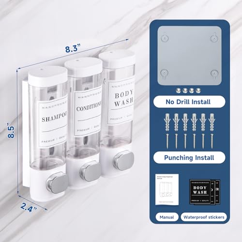 Shower Soap Dispenser Wall Mounted No Drill Shampoo Dispenser for Shower Wall Shampoo and Conditioner Dispenser Bathroom Hotel 3 * 300ml White with Labels - color: White