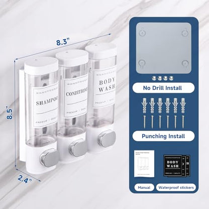 Shower Soap Dispenser Wall Mounted No Drill Shampoo Dispenser for Shower Wall Shampoo and Conditioner Dispenser Bathroom Hotel 3 * 300ml White with Labels - color: White