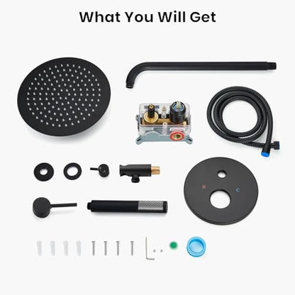 gotonovo Shower Faucet Set with Rough-in Valve Trim Kit,Matte Black | 10 Inch Round Rain Showerhead with Handheld Spray,Bathroom Wall Mount Shower System Complete Combo,2-in-1 Diverter,All Metal - color: Black